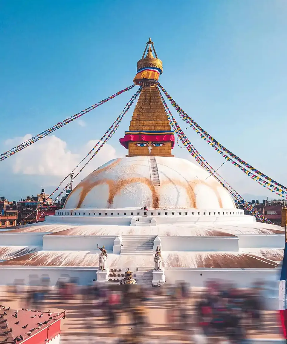 Boudhanath Stupa draped with prayer flags in Kathmandu
