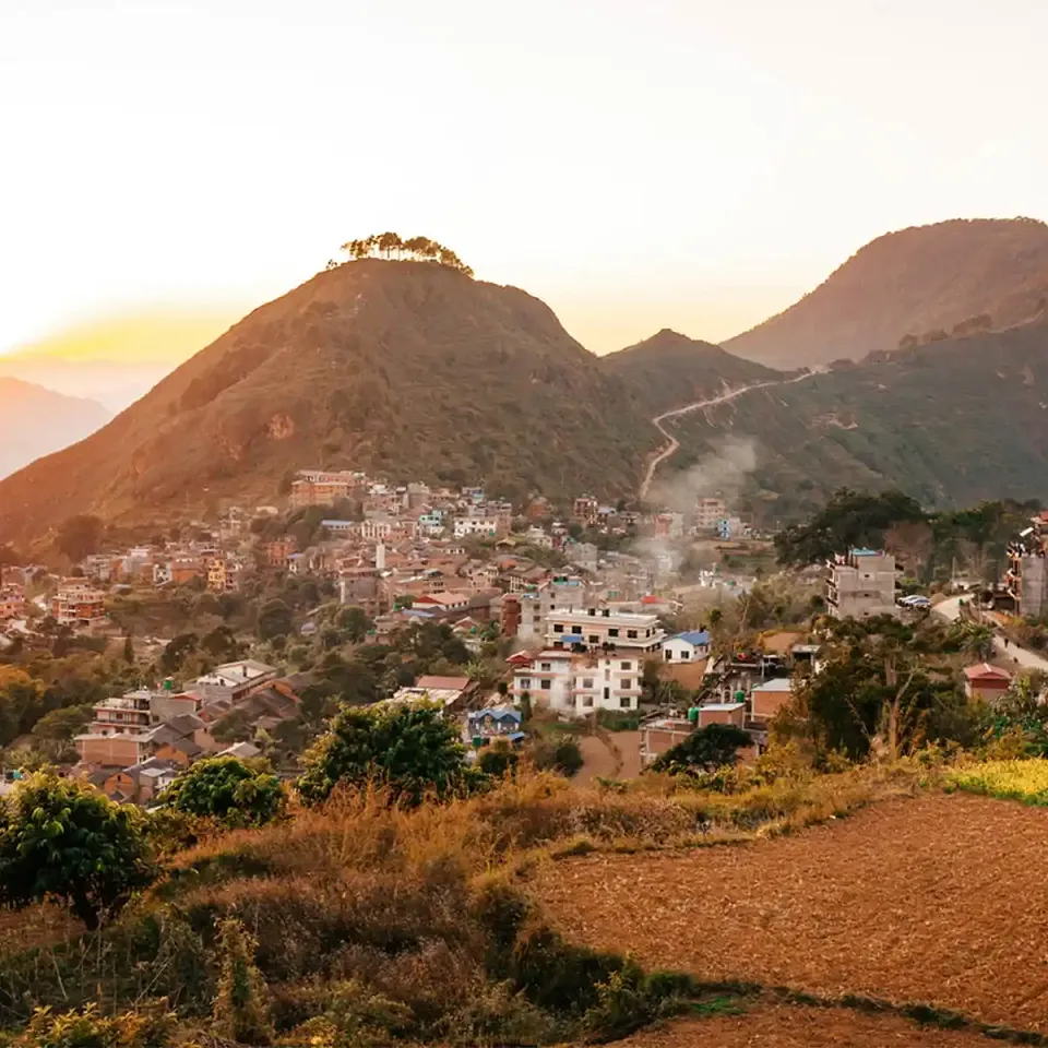 Nepalese hill town glowing in the evening light