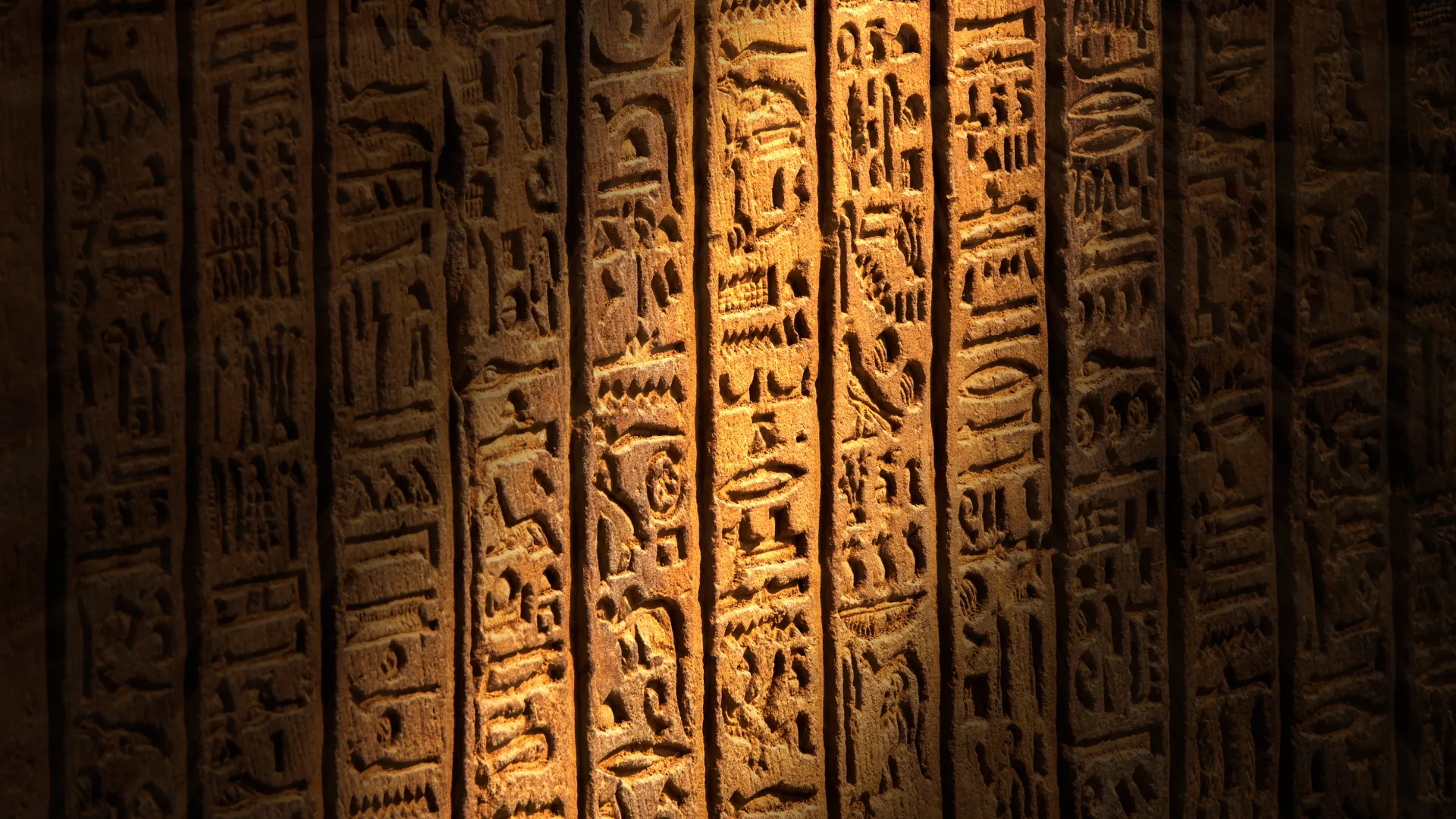 Warm light illuminating hieroglyphs carved into ancient Egyptian stone columns
