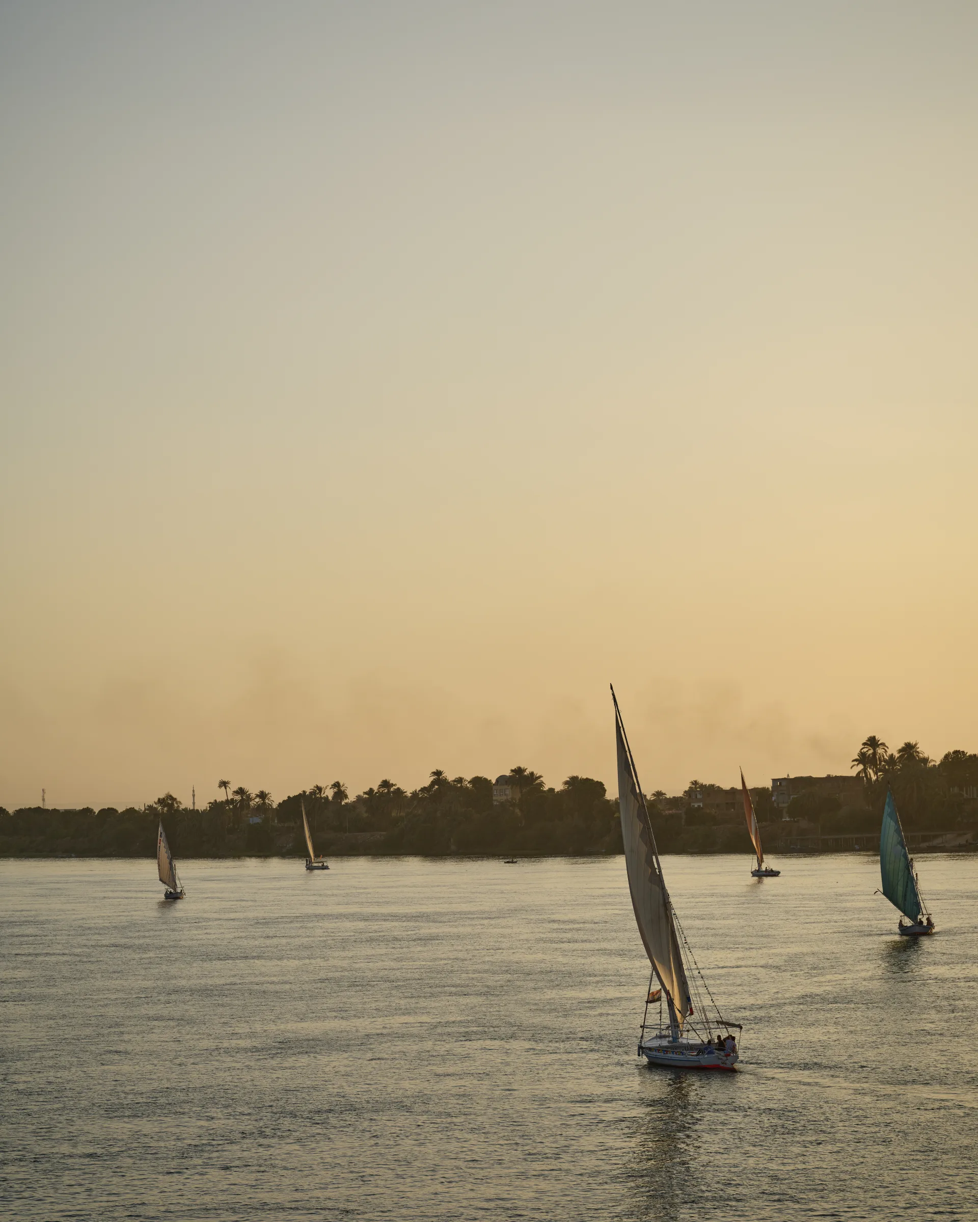 Feluccas on the Nile beneath a soft evening sky in Egypt