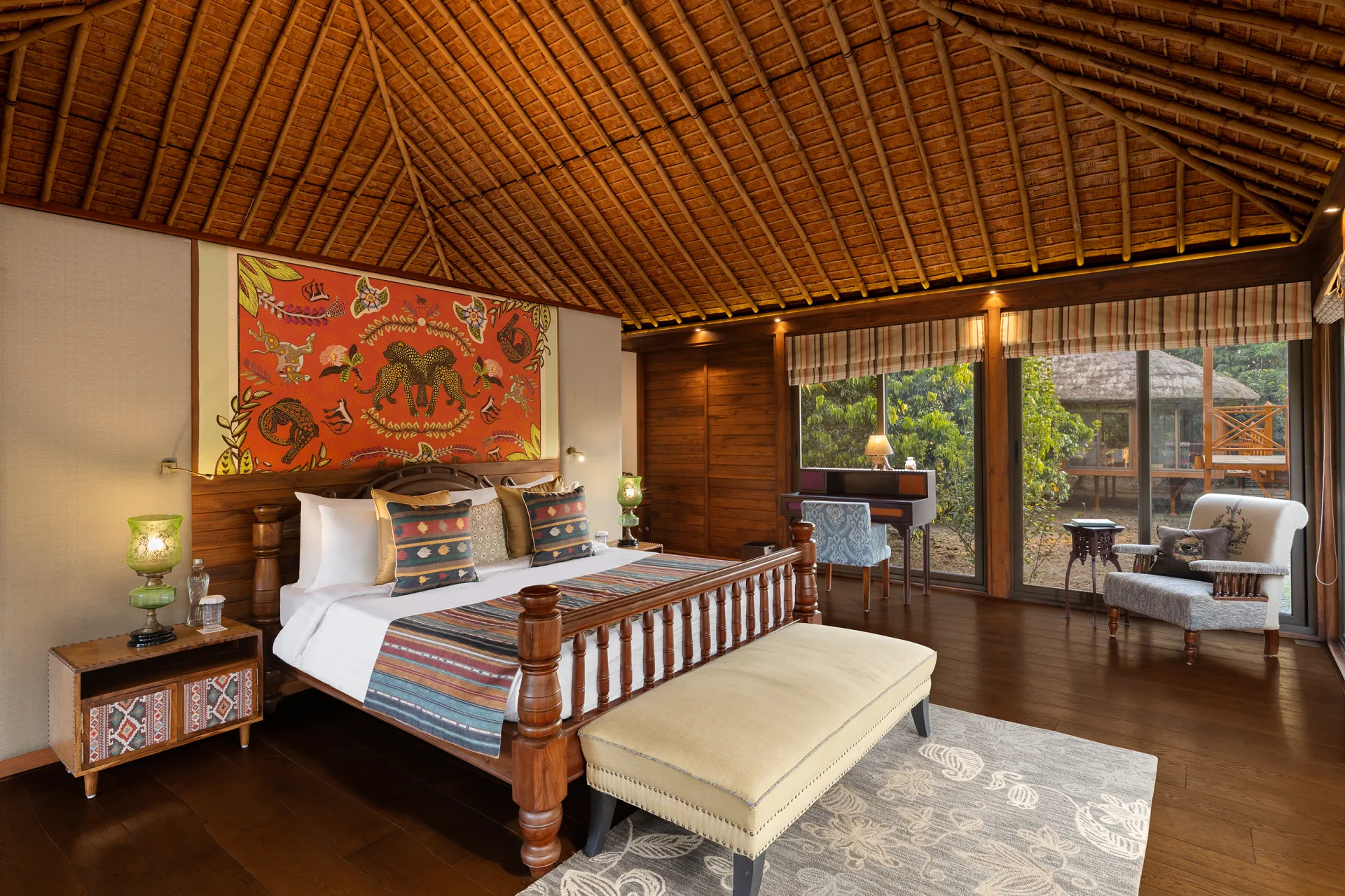 Double-height brick villa interior at Jaagir Manor