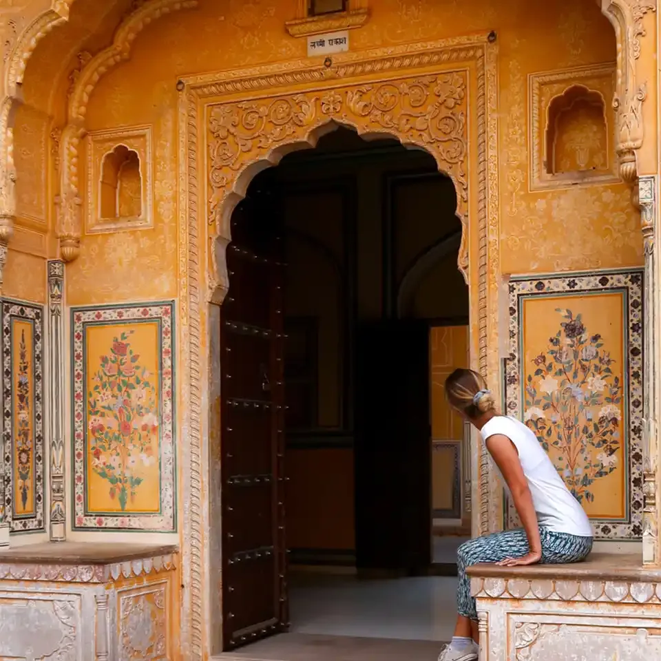 Solo traveller exploring an ornate heritage building in Rajasthan